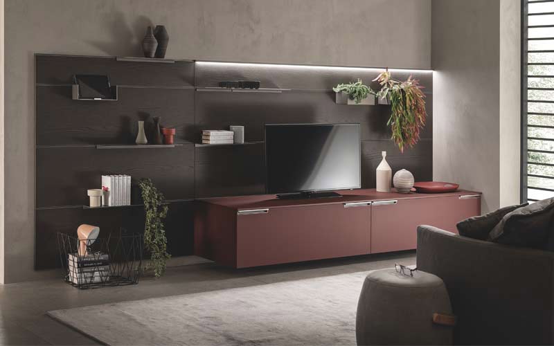 soggiorno scavolini parete attrezzata nero e rosso